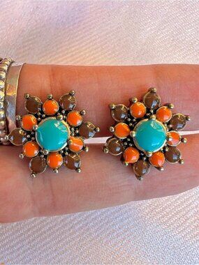 Boho Chic Turquoise & Coral Enamel Floral Cluster Post Earrings